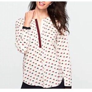 Talbots Top Blouse Womens Size 12P White Pullover Nautical Flag Print Pintuck